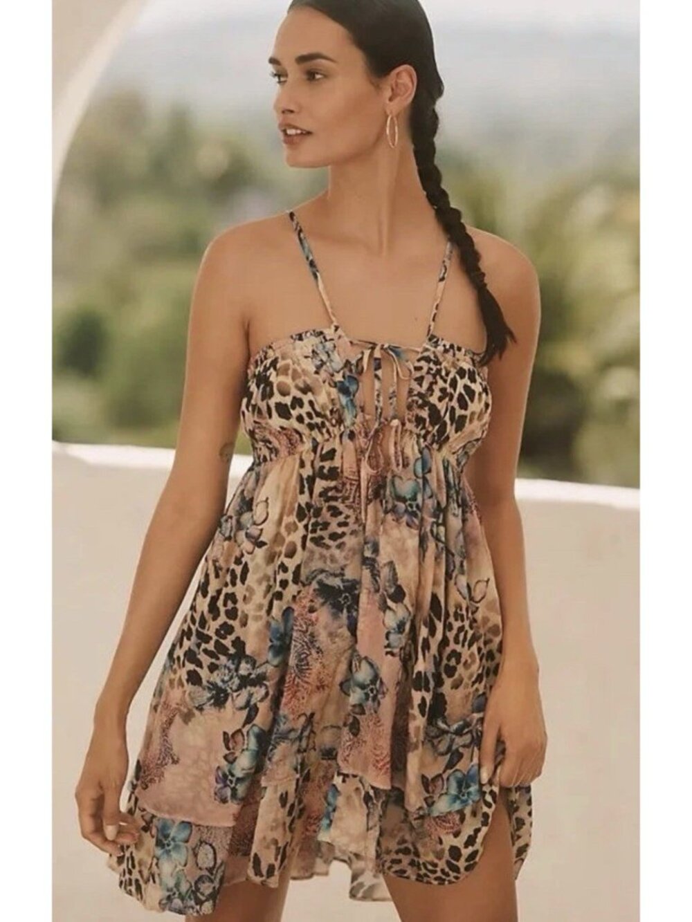 Anthropologie Celadine Women’s Large Pink Floral Leopard Print Tiered Mini Dress